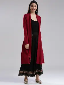 W W Women Red Self-Striped Front-Open Sweater