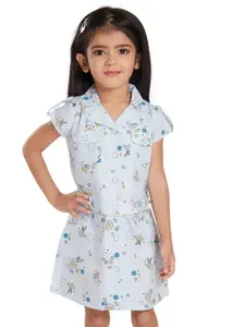 Peppermint Girls Floral Printed Shirt Collar Pure Cotton Dress With Belt