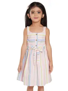 Peppermint Girls Shoulder Straps Cotton Striped Dress With Belt