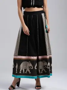 W Black & Beige Self-Design Maxi Flared Skirt
