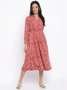 Fabindia Mandarin Collar Floral Printed Tie-Up Fit And Flare Cotton Midi Dress