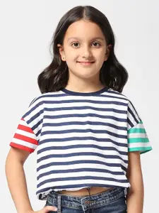 Pepe Jeans Girls Striped Round Neck Drop-Shoulder Sleeves Pure Cotton T-shirt