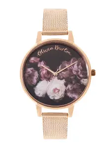 Olivia Burton Women Black Printed Dial & Rose Gold Toned Stainless Steel Bracelet Style Straps Watch