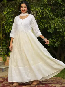 SCAKHI Chikankari Embroidered Cotton Anarkali Ethnic Dress With Dupatta