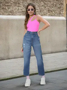 Flying Machine Women High-Rise Low Distressed Light Fade Cotton Straight Fit Jeans