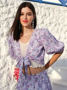 Sera Floral Printed Puff Sleeves Crop Tie-Up Shrug