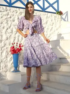 Sera Floral Printed V Neck Tie-Up Top & Skirt