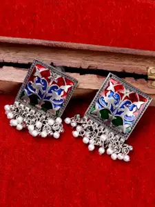 VAGHBHATT Silver-Plated Meenakari Square Drop Earrings