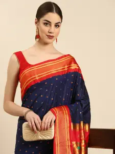 Varkala Silk Sarees Navy Blue & Red Ethnic Motifs Zari Silk Blend Paithani Saree