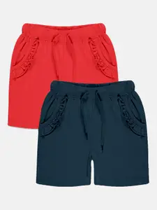 KiddoPanti Girls Pack of 2 Frill Pocket Pure Cotton Hot Shorts