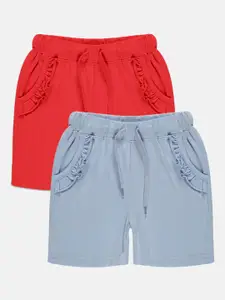 KiddoPanti Girls Pack of 2 Frill Pocket Pure Cotton Hot Shorts