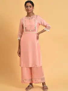 W Plus Size Keyhole Neck Floral Yoke Design Thread Work Kurta