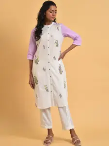 W Floral Printed Mandarin Collar Pure Cotton Straight Kurta