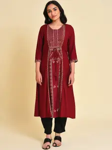 W Round Neck Ethnic Motifs Printed Sequins Straight Kurta
