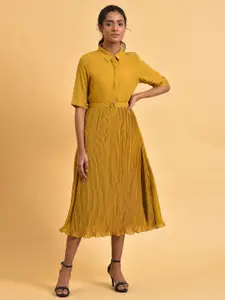 W Shirt Collar A-Line Midi Dress