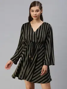 SHOWOFF Striped V-Neck Fit & Flare Mini Dress