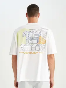 DeFacto Typography Printed Drop Shoulder Sleeves Pure Cotton T-shirt
