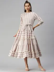 SHOWOFF Striped Tiered Belted Organic Cotton A-Line Dress