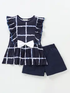 CrayonFlakes Girls Checked Printed Frilled Bow Top With Pure Cotton Shorts