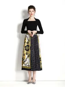 JC Collection Printed Envelope Neck Long Sleeves Fitted Top with Skirt Co-Ords