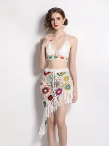 JC Collection Women Self Design Crochet Top with Skirt