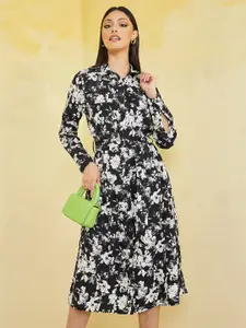 Styli Black Floral Printed Shirt Midi Dress