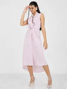 Styli Pink V-Neck Tie-Up Detail High-Low Midi Wrap Dress