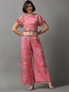 SHOWOFF Floral Printed Round Neck Short Sleeves Crop Top with Palazzos Co-Ords