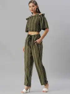 SHOWOFF Striped Round Neck Cold Shoulder Sleeves Crop Top with Trousers Co-Ords