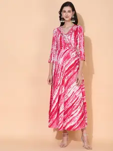 FASHOR Tie and Dye Embroidered Wrap Maxi Ethnic Dress