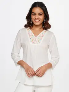 Global Desi V-Neck Self Design Floral Embroidered Pure Cotton Top