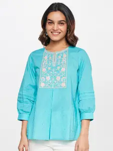Global Desi Puff Sleeves Floral Embroidered Key-Hole Neck Pure Cotton Top
