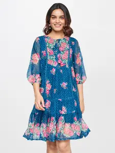 Global Desi Tie-Up Neck Floral Printed A-Line Dress