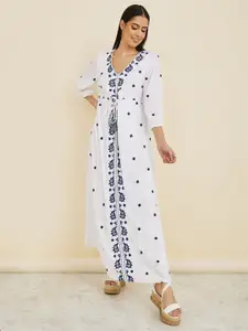 Styli White Floral Printed V-Neck Puff Sleeves Maxi Dress
