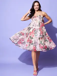 StyleStone Floral Printed Shoulder Strap Tiered Fit & Flare Dress
