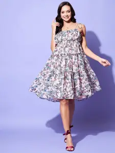 StyleStone Floral Printed Shoulder Strap Tiered Fit & Flare Dress