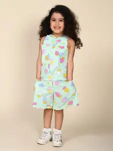 LIL PITAARA Girls Printed Pure Cotton Sleeveless Top with Shorts Clothing Set