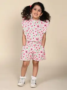 LIL PITAARA Girls Floral Printed Pure Cotton High Neck Top with Shorts Clothing Set