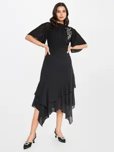 AND Embellished Flared Sleeves Asymmetric A-Line Midi Dress