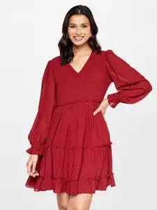 AND V-Neck Puff Sleeve Tiered A-Line Dress