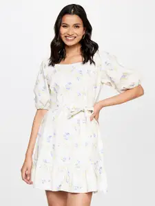 AND Square Neck Floral Printed A-Line Pure Cotton Mini Dress With Belt