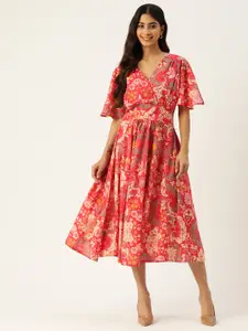 MISRI Floral Print Flared Sleeves Midi Dress