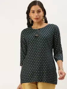 SHOWOFF Floral Printed Keyhole Neck Straight Regular Kurti