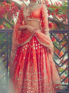 ODETTE Embellished Mirror Work Semi-Stitched Lehenga & Unstitched Blouse With Dupatta