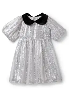 YK Girls Embellished Peter Pan Collar Sequined Fit & Flare Dress
