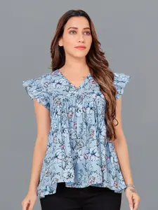FASHION DREAM Floral Printed Flutter Sleeve Empire Top