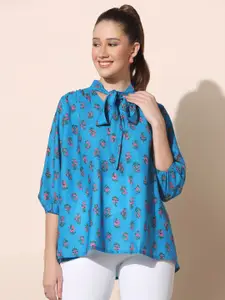 FASHION DREAM Floral Printed Tie-Up Neck Pleated Puff Sleeves Top