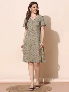 FASHION DREAM Floral Printed Flared Sleeves Georgette A-Line Dress
