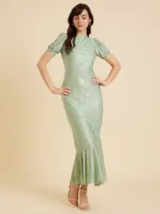 Emmyrobe Boat Neck Self Design Jacquard Mermaid Maxi Dress
