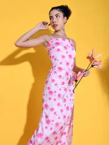 Stylecast X Hersheinbox White & Pink Floral Printed Sheath Midi Dress
